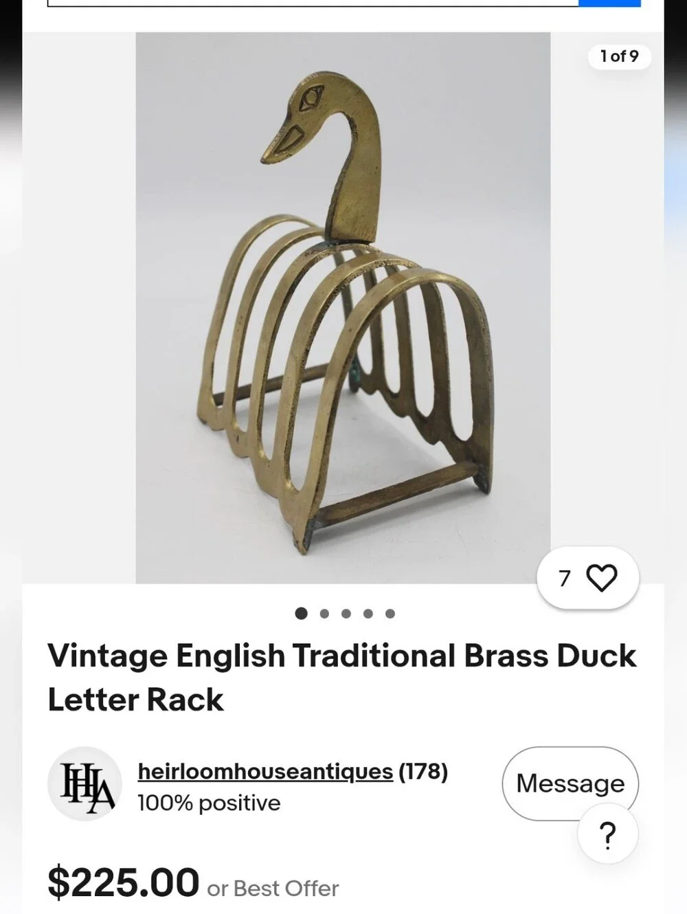 Vintage Englush Traditional Brass Swan / Duck Letter Holder / Toast Rack